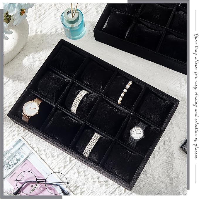 Henoyso 2 Pieces 12 Grid Velvet Watch Tray Jewelry Organizer Stackable Watch Bracelet Bangle Display Holder Adjustable Pillow(Black)