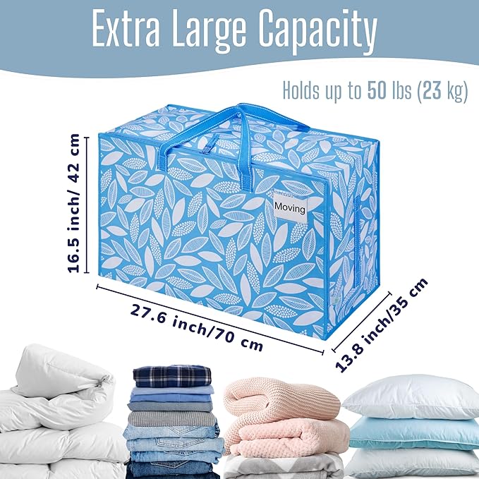 VENO 4 Pack Extra Large Heavy Duty Moving Bags with Wide Opening & Reinforced Handles, Reusable Storage Tote Bags with Strong Zippers for Clothes, College Dorm Essentials & Moving Supplies