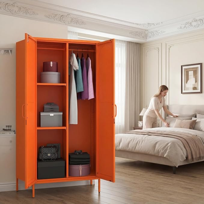 Metal Wardrobe with Lock 67"Clothing Steel Storage Cabinet Locker Hanging Rod And Adjustable Shelves 2 Doors Household kids wardrobe closet Lockers For Bedroom Home Orange Size:67"H X 31.5"W X 18.1"D