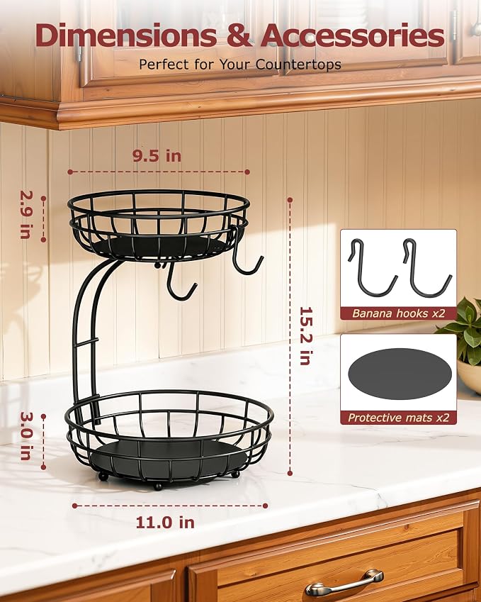 Sevenblue 2 Tier Modern Fruit Basket for Kitchen, Black, Extra Large | Space-Saving Vertical Storage for Veggies, Bread, Snacks, Fits Under Cabinets, includes 2 banana hooks and protective mats