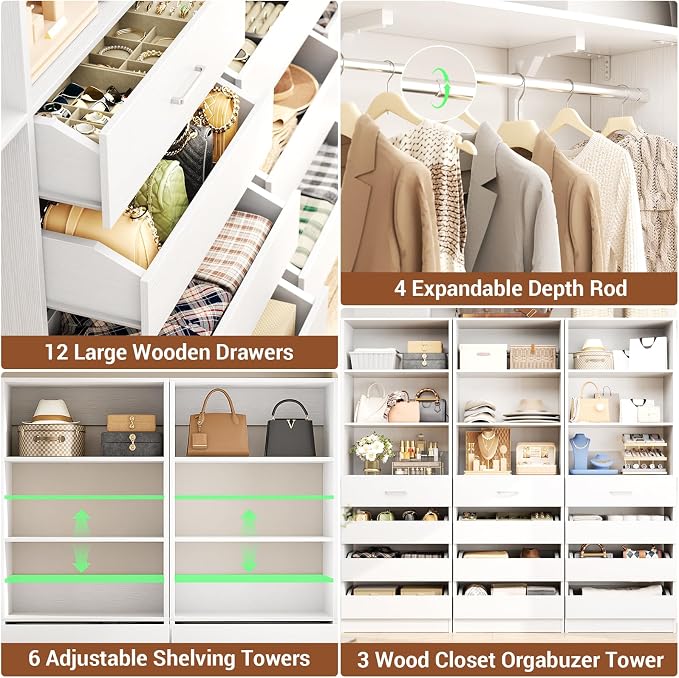 Aheaplus Closet System Set of 3, 138.5" Wood Closet Organizer System Tower with 12 Drawers & 4 Hanging Rods, 6.7+4.85Ft L Shaped Walk-in Closets Wardrobe Organizer Garment Rack with Shelves, White3