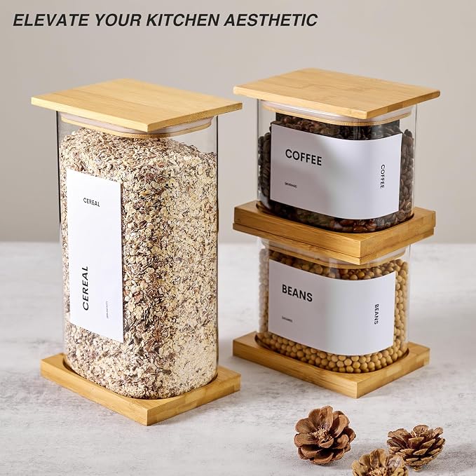 Glass Storage Jars with Bamboo Lids, 100oz Square Food Storage Containers for Kitchen Pantry Organization, Storage Canisters with Labels for Cereal Flour Beans Tea, Large Spice jars Seasoning Bottles