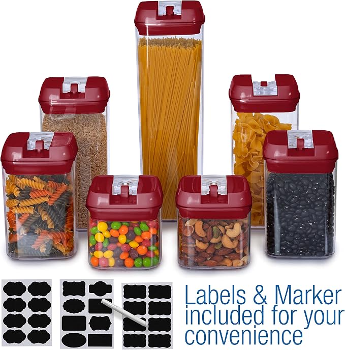 Set of 7 Airtight Food Storage Containers - Pantry Organizer Bins, BPA Free Plastic Containers plus Dry Erase Marker and Labels, Red