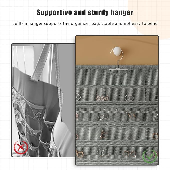 Hanging Jewelry Organizer 80-Pocket Double-Sided Storage, 1-Pack, Gray | Foldable clear PVC 80-pocket storage; swivel hook fits walls, doors & rods to organize earrings, necklaces, bracelets & rings