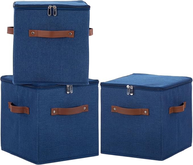 11inch Storage Boxes Cubes with Zipper Lid Collapsible Fabric Lidded Storage Bins Baskets PU Leather Handle Cotton Linen Decorative Shelf Closet Organizer Container (Blue, 3PCS)