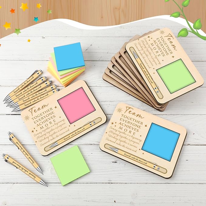 Kosiz 10 Set Back to School Teacher Team Gifts Bulk Team Together Wooden Sticky Note Holder with Notes and Ballpoint Pens Appreciation Thank You Gift for Teacher Back to School Party Supplies