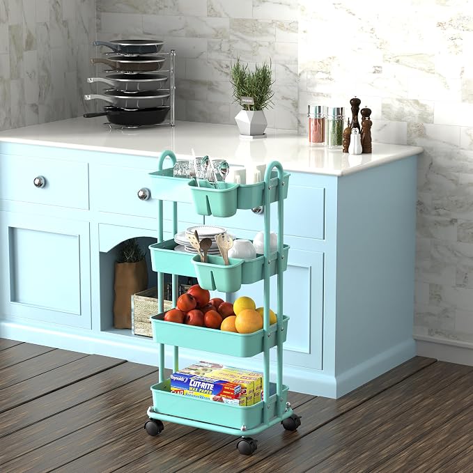 Simple Houseware 4-Tier Rolling Utility Cart with Hanging Bucket, Turquoise | Storage for Bathroom, Kitchen, Office, Study Room, Nursery Diaper