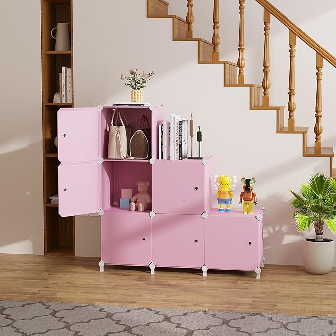 Cube Storage Organizer, 6-Cube Shelves Unit with Doors, DIY Stackable Plastic Clothes Organizer for Bedroom and Under Stairs Storage Unit, Each Compartment 30 x 30 x 30 cm Pink ATTSL6006