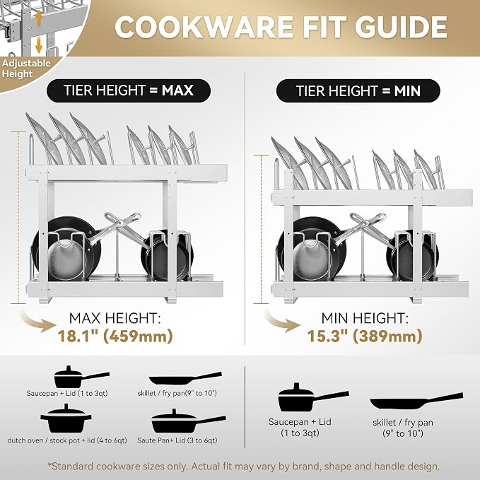 2-Tier Pots and Pans Organizer Under Cabinet Kitchen 12" W *22" D | Pull out Cabinet Organizer for Pots, Pans, and Lid Cookware, Adjustable Heavy Duty Wire Pan and Pot Rack, Full-Extension Rail