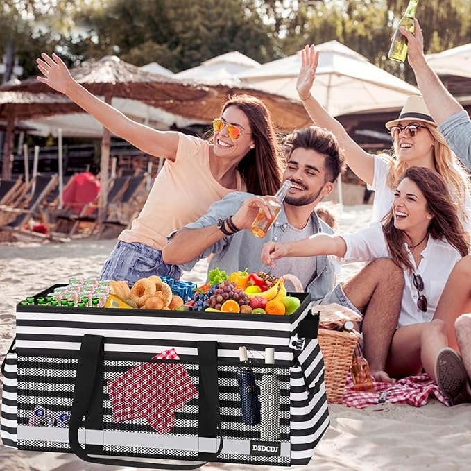 Extra Large Utility Tote Bag with Reflective Strip, Standing Reusable Grocery Bags with Hard Bottom, Collapsible Utility Tote with Handles for Shopping, Beach, Picnics, Car, Striped Black