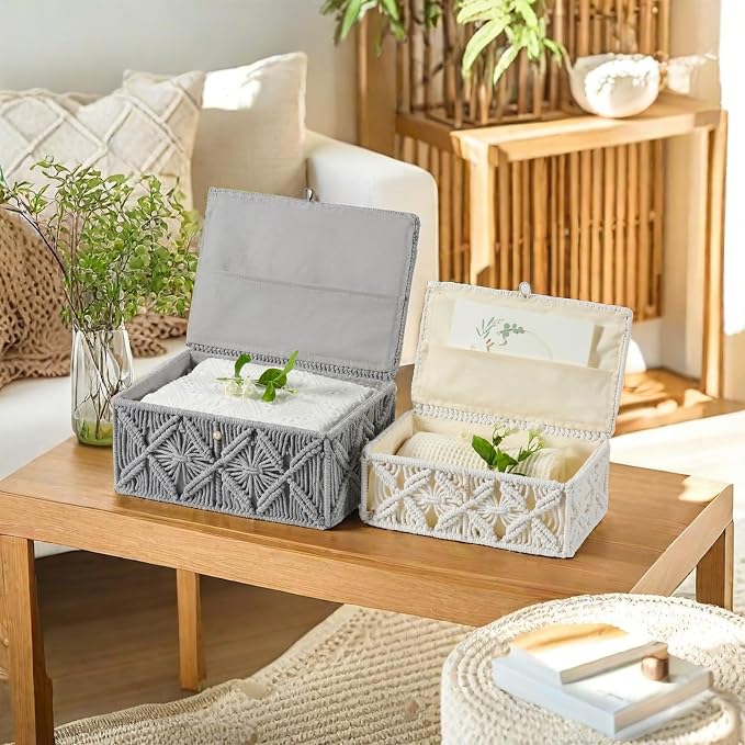 Decorative Boho Storage Baskets with Lid Bohemian Macrame Jewelry Box Handmade Natural Cotton Rope Woven Bins Memory Keepsake Photo Makeup Organizer Shelf Container (Gray, Small)