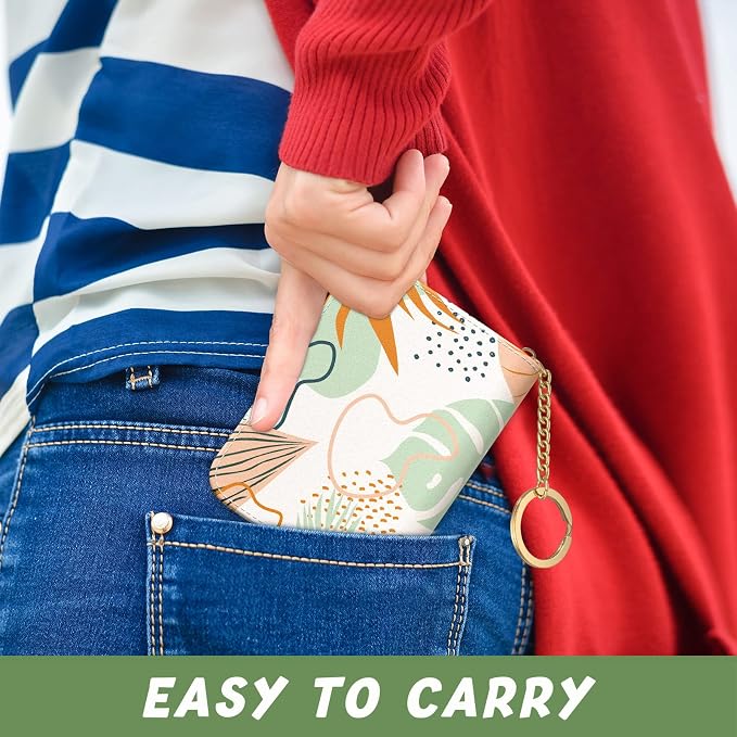 Aiawoxc Credit Card Holder for Women, Small RFID Wallet Slim Leather Card Organizer Case with Zipper and Keychain, Boho Leaves