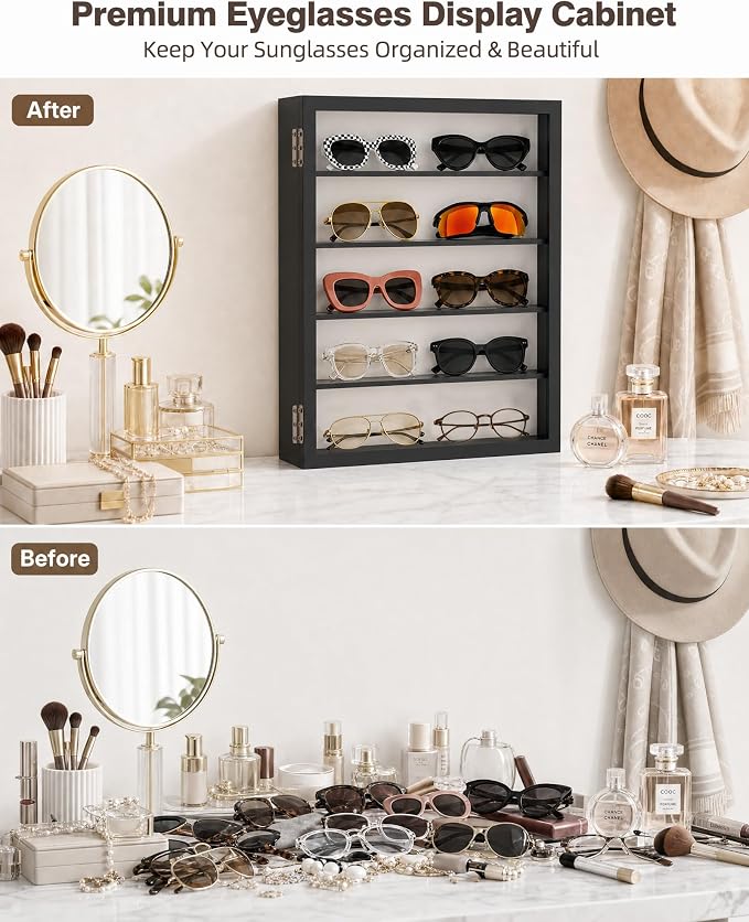 TJ.MOREE Sunglass Organizer Wall Mounted Glasses Holder Display Case 5 Tier | 13 x 15 inches Wooden Storage Box for Multiple Pairs Eyeglasses Sports Sunglasses