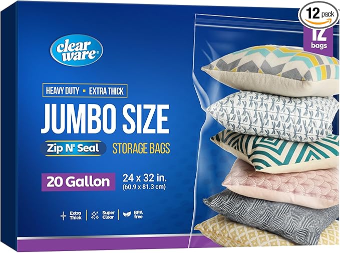 12 Count - Large Plastic Bags With Zipper Top, 20 Gallon Size 24" x 32", Extra Large Storage Bags, For Clothes, Travel, Moving, BPA-Free, Heavy Duty 3-Mil Thick