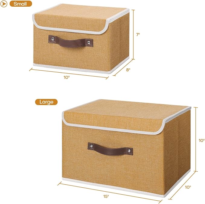 ANMINY 2PCS Storage Bins with Lid PU Leather Handles Storage Boxes PP Plastic Board Decorative Foldable Lidded Cotton Linen Fabric Home Cubes Baskets Closet Organizer Containers - Khaki, Small Size