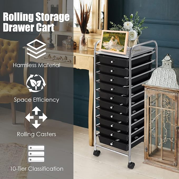 GOFLAME 10-Drawer Rolling Storage Drawer Cart, Utility Cart with Removable Drawers & Metal Frame, Mobile Art Craft Drawer Cart with Lockable Wheels for Home, Office, Studio, School, Black