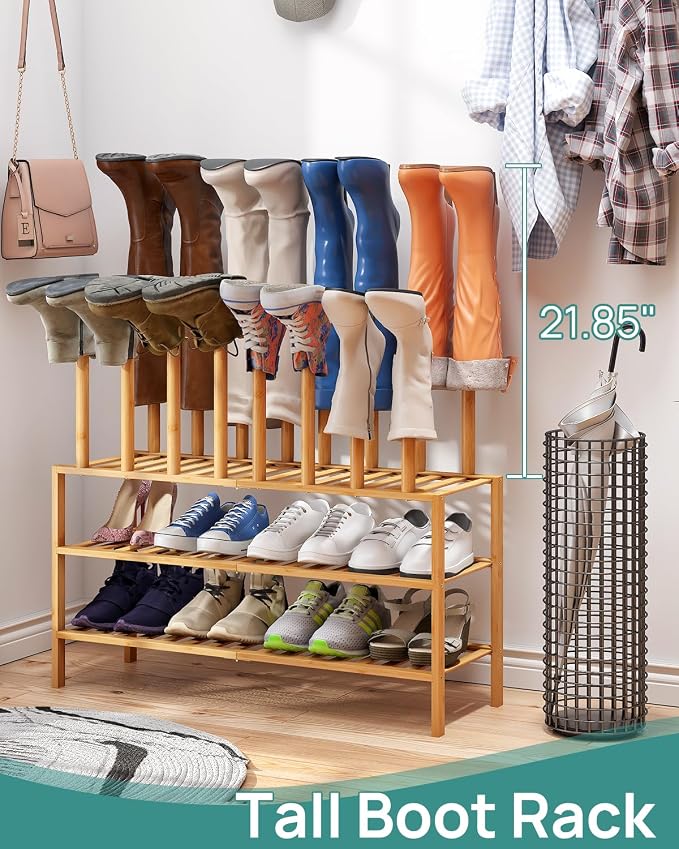 viewcare Boot Rack with Shoe Rack, Long Boot Rack Organizer Tall Boots for Closet, Bamboo Wood Shoe Shelf Storage Organizer for Entryway Small Space