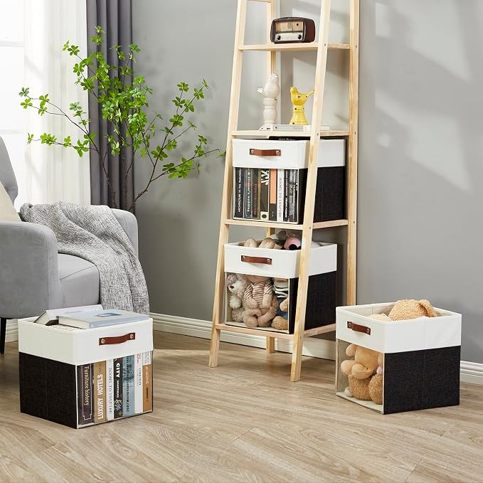 Bagnizer Storage Cubes, 4 Pack Linen Foldable Storage Bins (13 x 13 inch) with Clear Window and Handles, Fabric Organizer for Shelf Closet, Clothes, Books - (Black and White)