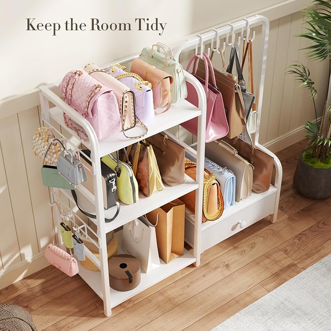 Purse Organizer for Closet, with Bottom Drawer, Extra Large Capacity 3 Tier Handbag Storage Rack for Women, 10 Purse Hanger and Hooks for Bag Organizer, Floor-Standing, Home, Living Room (White)