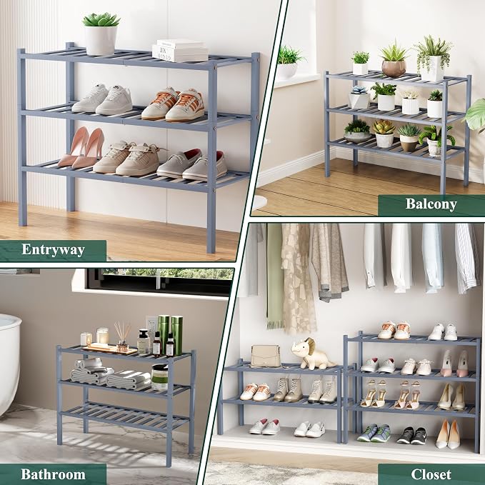 Smiry Long Bamboo Shoe Rack, 2 Tier Free Standing Wooden Shoe Organizer, Stackable Wood Shoe Storage Shelf for Closet, Entryway, 12 Vertical Slats, One-piece Standard Legs, 33.7"x11"x13", Grey