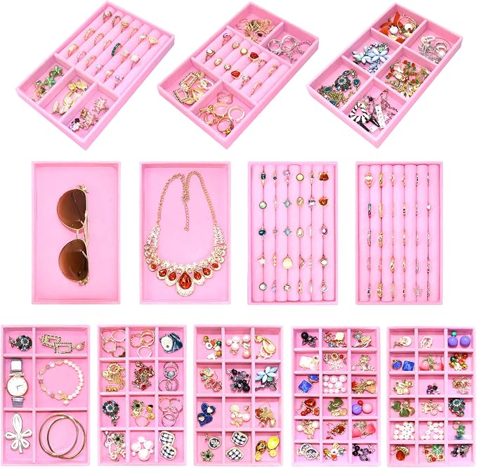 12 Set Jewelry Tray Stackable Velvet Jewelry Organizer Trays for Drawers Inserts Earrings Necklace Rings Jewelry for Women