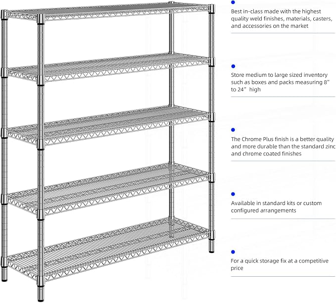 M MZG 3500LBS 59" W 5 Tier Storage Shelves Rack Metal Wire Shelving Unit, Storage Standing Shelf Organizer for Laundry Bathroom Kitchen Pantry Closet Garage, Chrome 17.7" D x 59.1" W x 70.4" H
