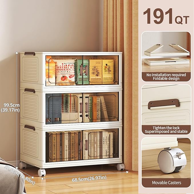 191QT Extra Large Lockable Stackable Storage Bins with Lids, 3-Tier Collapsible Plastic Storage Cabinet on Wheels, Foldable Closet Organizer for Blankets Bedroom Dorm Home Office Organization