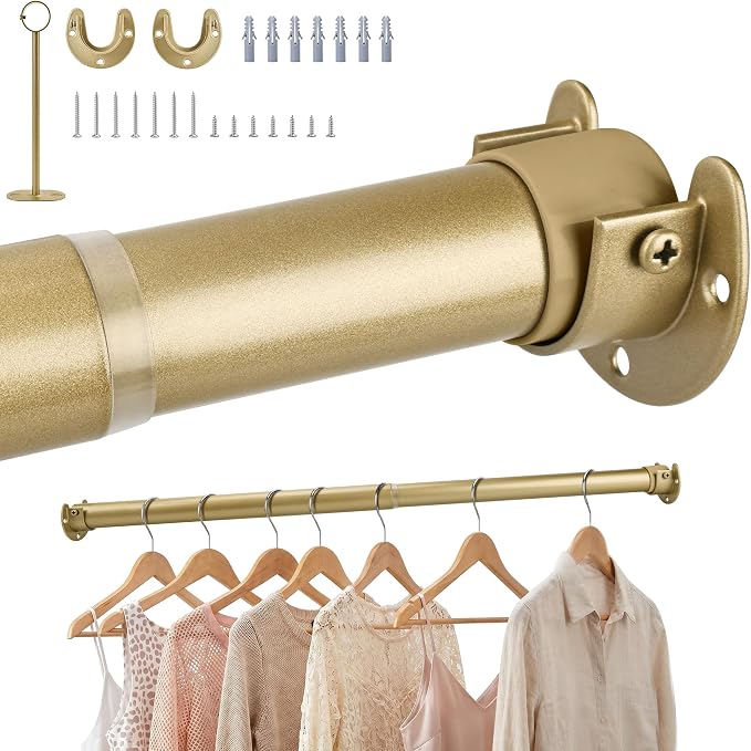 Adjustable Closet Rod for Hanging Clothes, 17-84inch Heavy Duty Metal tension clothes rod，1.3Inches Closet Pole with Hardware Kit for Closet Organization Laundry Room RV, Gold