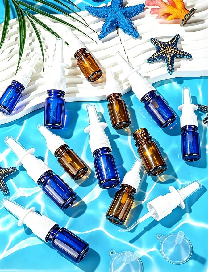 20 Pcs Nasal Spray Bottle, 5ML/0.17OZ 12 Pcs Blue Glass Refillable Nasal Spray Bottles Empty with 4 Funnels and 4 Labels