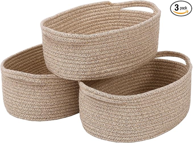 JMvicyroam Woven Basket,Small Rope Storage Bin with Handles & Ribbon Bag, Organizer for Shelves Closets,Gift Basket Empty for Birthday,Books,Dog Toys,Oatmeal/3 Pack