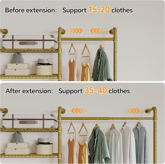 Higeego W3 Wall Mounted Closet System, Expandable Industrial Pipe Clothes Rack Clothing Rack for Hanging Clothes, Heavy Duty Garment Rack Closet Organizers and Storage Reach in Closet, Gold