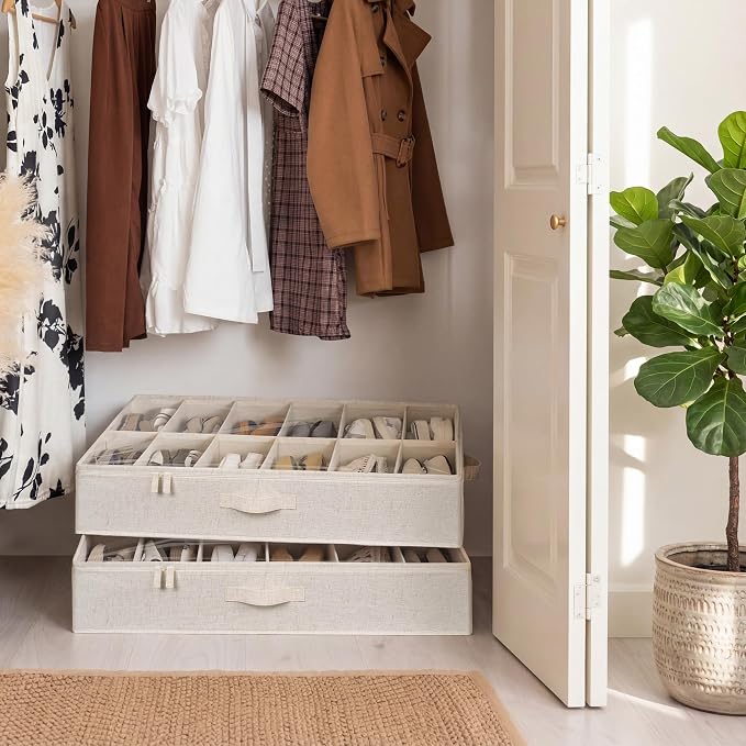StorageWorks 2-Pack 24-Pair Underbed Shoe Storage Organizer, Linen Beige | Rustic Linen Fabric, Adjustable Dividers, 5.25" Height, Fits 6-inch+ Clearance, Clear Top, Soft Handles, For Closet, Bedroom
