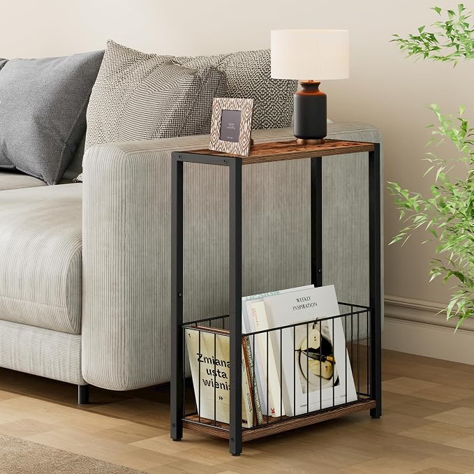 Homleke Narrow Side Table with Magazine Holder, Skinny End Table | Space-Saving Design, Small Spaces, Storage Shelf, Metal Frame, Easy Assembly, 7.1" D x 16.9" W x 23.6" H, Rustic Brown
