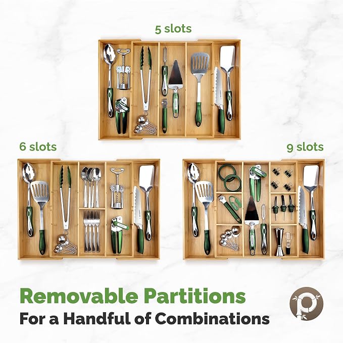 Pristine Bamboo Expandable Drawer Organizer, 10-Slot, Dark Brown | Extra Deep Non-Slip Kitchen Drawer Organizer, 17"x14.6" Expands to 25", Dark Wood Silverware Divider for Utensils