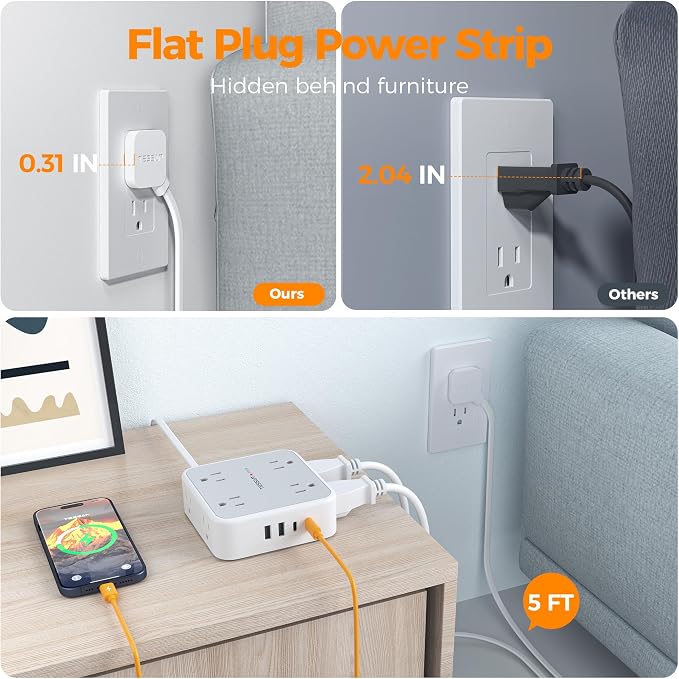 TESSAN Surge Protector Power Strip, 5 Ft Flat Plug Extension Cord with 4 USB (2 USB C) 8 Outlets, 900J Protection, 3 Sided Outlet Extender with Power Switch for Office, Dorm Room, Grey