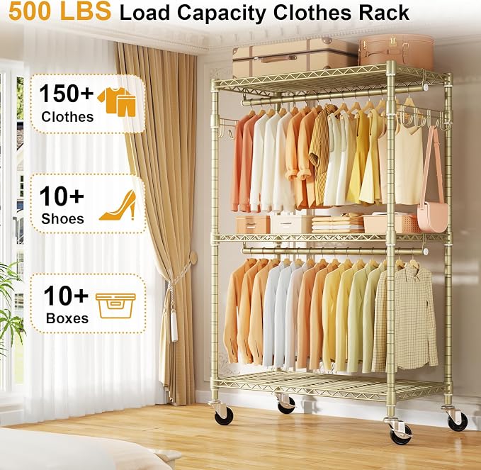 ULIFHOME P1 Rolling Clothes Rack, Portable Wardrobe Closet with Wheels, Heavy-Duty Closet Clothing Rack for Hanging Clothes, 35.5" W x 15.7" D x 80.5" H, Hold 500lbs, Gold