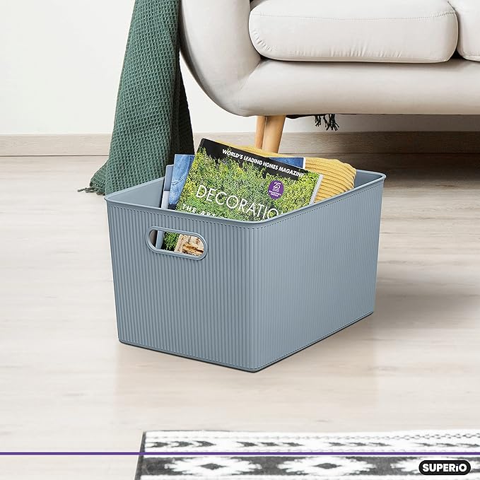 Superio Ribbed Collection - Decorative Plastic Basket Open Home Storage Bins Organizer, Blue Containers for Organizing Closet Storage Bins for Shelves (Bin with Lid- Extra Large (22 Liter), 1 Pack)