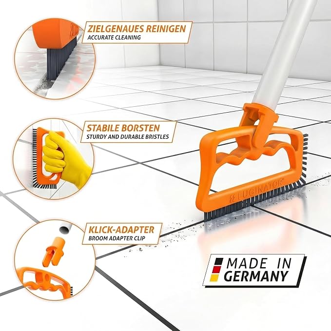FUGINATOR® Grout Brush Orange/Gray - Ergonomic Heavy Duty Cleaning Brush for Bathroom, Shower & Kitchen - Deep Detail Scrubber for Wall & Floor Tiles, Crevices & Tight Spaces - Made in Germany