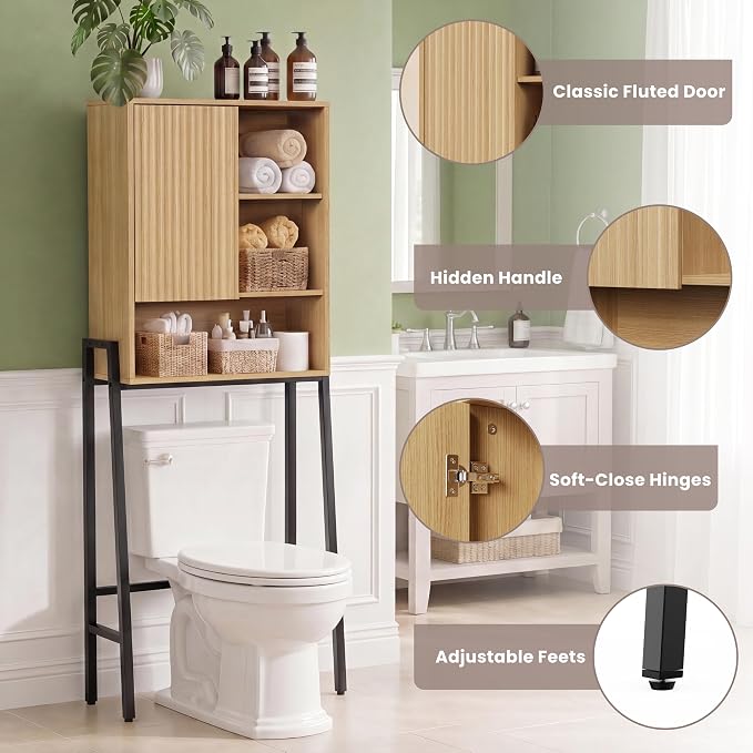 24" W Over The Toilet Storage Cabinet with Fluted Door,Bathroom Organizers and Storage with Adjustable Shelves, Modern Over Toilet Organizer for Bathroom,Restroom,Laundry,Oak