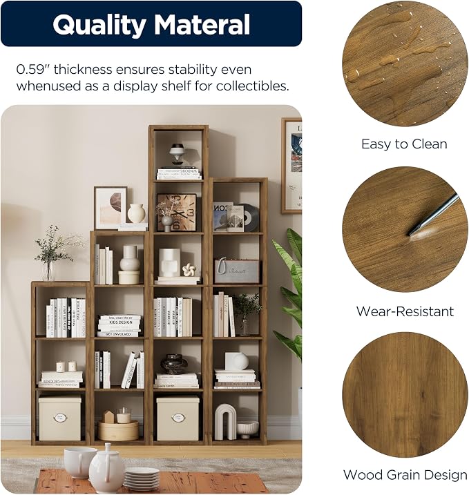 7 Cube Storage Organizer, Cube Shelf with Heavy-Duty Thick Boards, 25.12" L x 9.37" W x 48.74" H, Smooth Easy-Clean Panels, Simple Assembly, for Living Room Bedroom, Brown