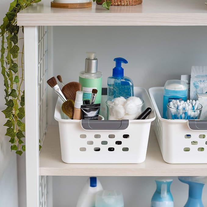 IRIS USA 8-Pack, Small Plastic Storage Basket, White | Organize pantry items, office supplies, crafts, accessories, and household essentials with easy-carry storage for shelves