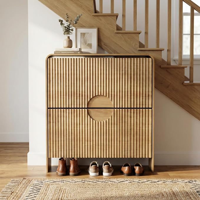 Narrow Shoe Cabinet for Entryway, Fluted Entry Way Shoe Storage Cabinet with 2 Flip Drawers Doors, Slim Hidden Shoe Rack Organizer for Entrance, Foyer, Hallway, Wood, 2 Tier