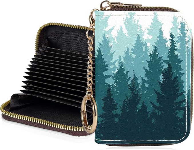 Credit Card Holder for Women,Small Rfid Wallet with Keychain Zipper,Cute PU Leather Card Case Wallet，Accordion Credit Card Wallets Gift,Forest Silhouette