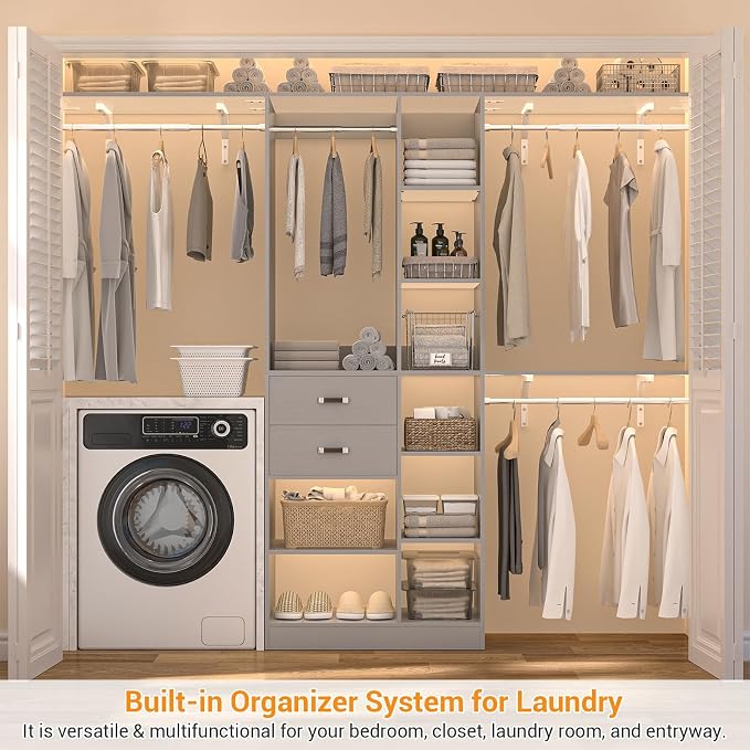 Armocity 8FT Heavy Duty Wood Closet System, 1500 LBS+ Capacity Wall Mounted Walk-in Closet Organizer with 2 Drawers & 4 Hanging Rods, 96'' Custom Bedroom Storage Wardrobe, Grey