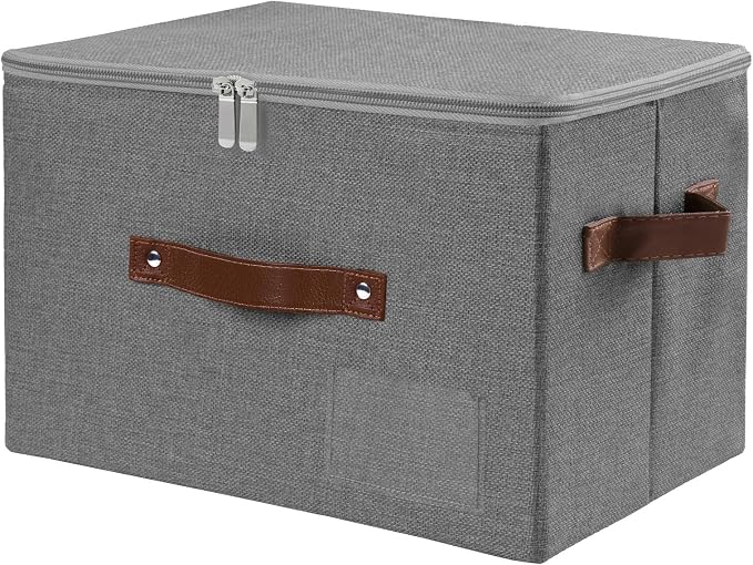 ANMINY Fabric Storage Box Bins with Zipper Lid, Washable Gray | Cotton Linen Fabric, PP Board Frame, Label Holder, Stackable & Foldable, PU Handles, Dual-Zipper 3-Side Open Lid, Medium