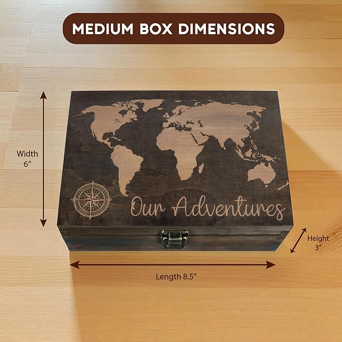 Engraved Adventure Memory Box – Wooden Keepsake Box for Travel Memories, Camping, Couples and Valentine’s Day, Rustic Storage, Medium Size, Dark Walnut – 8.5 x 6 x 3 in