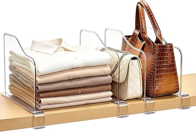Vtopmart 12 Pack 7.5in Height Shelf Dividers for Closet Organization | Clear, Plastic, Space-Saving, Easy to Install, Fit Shelf Thicknesses 0.4"-1.35", for Purses, Hangbags, Towel and Book