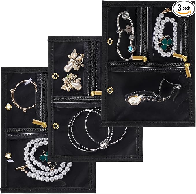 Leather Travel Jewelry Case Organizer,Jewelry Storage Book Binder with Clear Zipper Pouch & Lining-Portable Jewelry Bag for Earrings,Rings,Necklaces,Bracelets (3 PCS Black- Inner Pages)