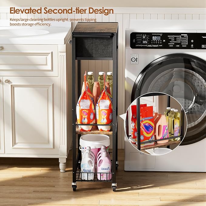 Lewondr Bathroom Organizer and Storage Cart with Drawer, 3-Tier Narrow Rolling Utility Cart with Wood Top and Wheels for Small Spaces, Laundry, Black