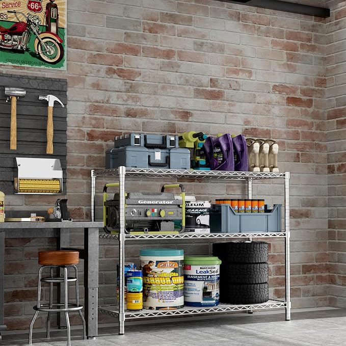 ROOMTEC 3-Tier Wire Shelving Unit,45" W*20" D*47" H,Max Load 1200 lbs | Small Garage Shelves,Adjustable Storage Rack, Metal Shelf for Kitchen, Pantry, Laundry Room, Basement